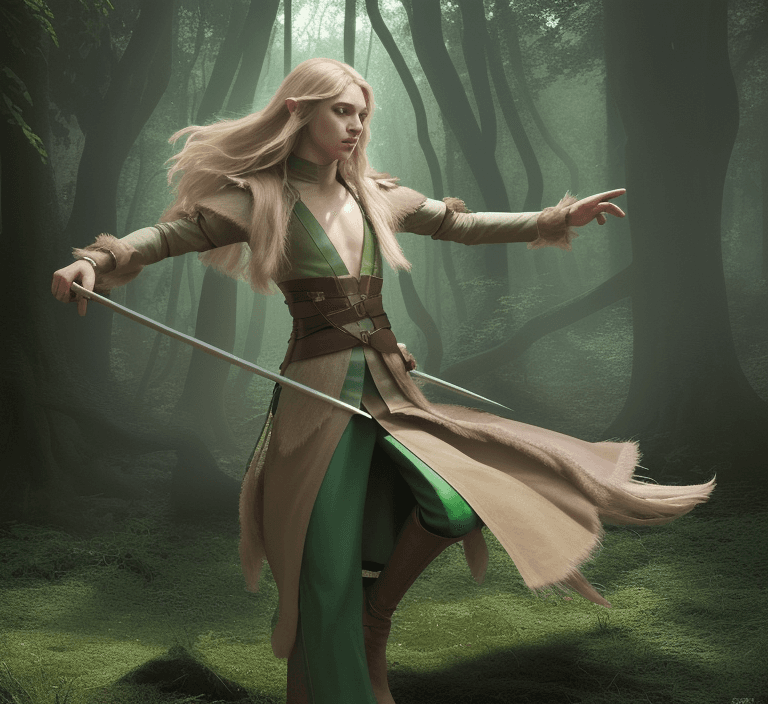 AI generated: high detailed professional full body photo in dynamic pose of a very young half-elf archer with shag...