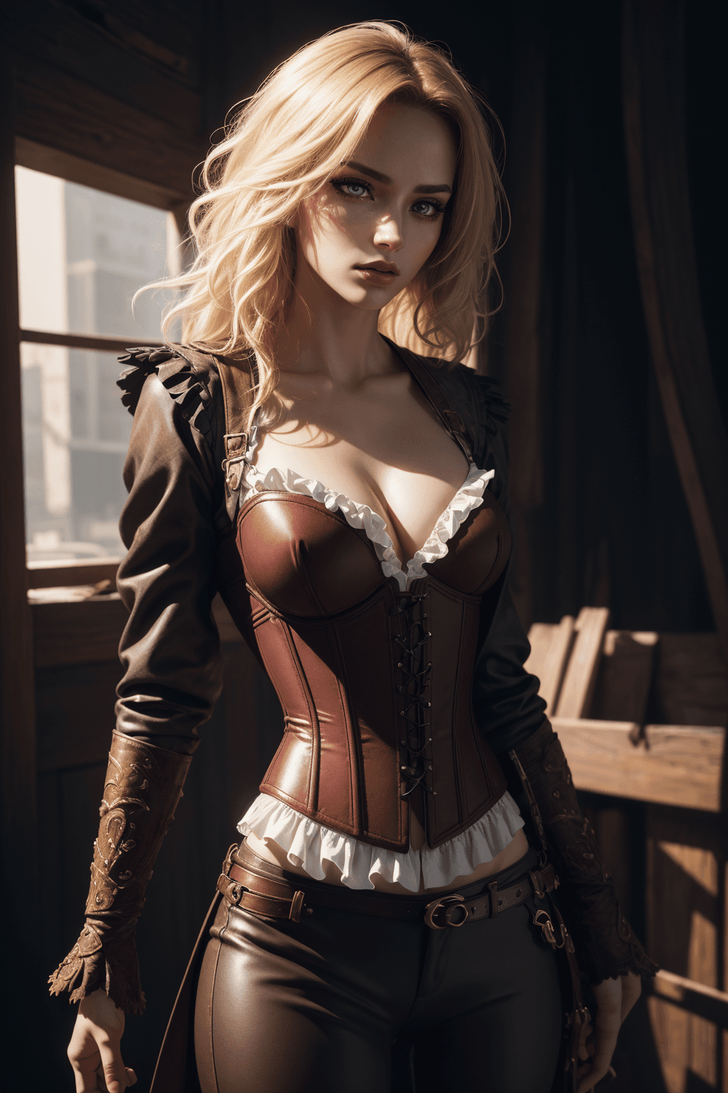 AI generated: swashbuckler, thief, adventuress, (1girl), Korean:1. 5, (Celtic:Romanian:0. 6),(hazel eyes):1.5, (br...