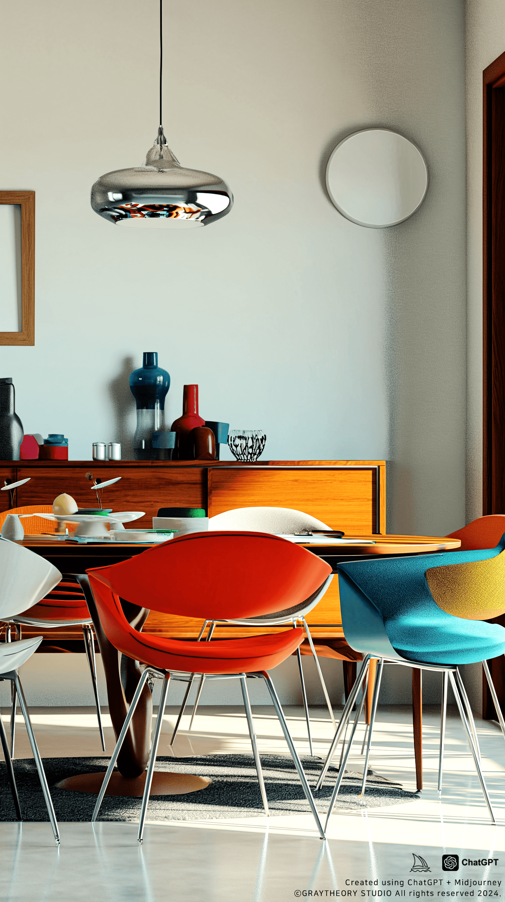 AI generated: cinematic, a vibrant Mid-century modern dining area, colorful chairs and a retro sideboard, a straig...