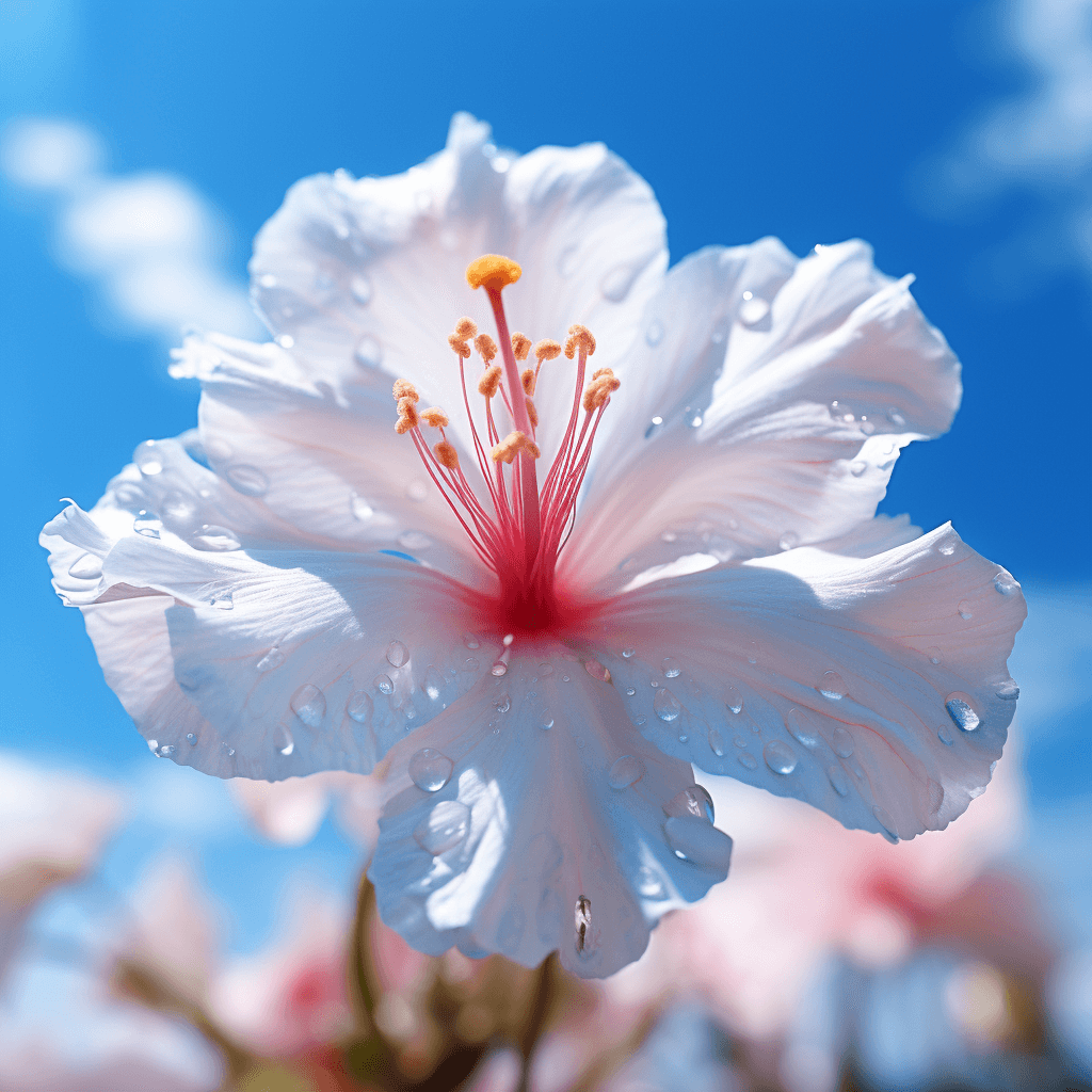 AI generated: A solitary flower and blue sky with cloud fillets, Miki Asai Macro photography, close-up, hyper deta...