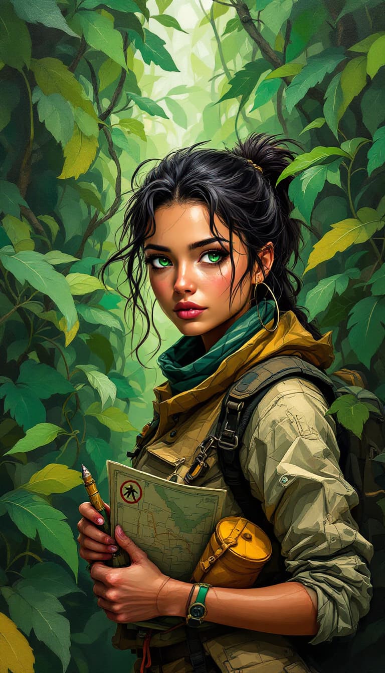 AI generated: "Emerald Explorer in a Verdant Labyrinth": A captivating abstract painting depicts an explorer, show...