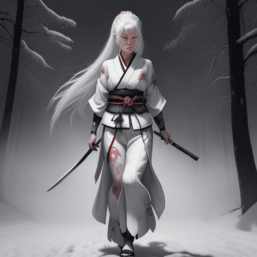 AI generated: In Japan, Akane, a samurai with her beautiful snow-white hair mysteriously tattooed, is called upon ...