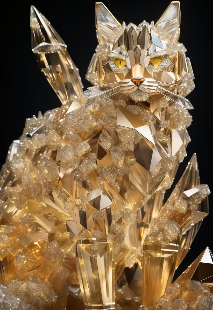 AI generated: a close up of a cat (made from a many cristal fragmrnts:1.2), (crystal cubism:1.2), with yellow eyes...