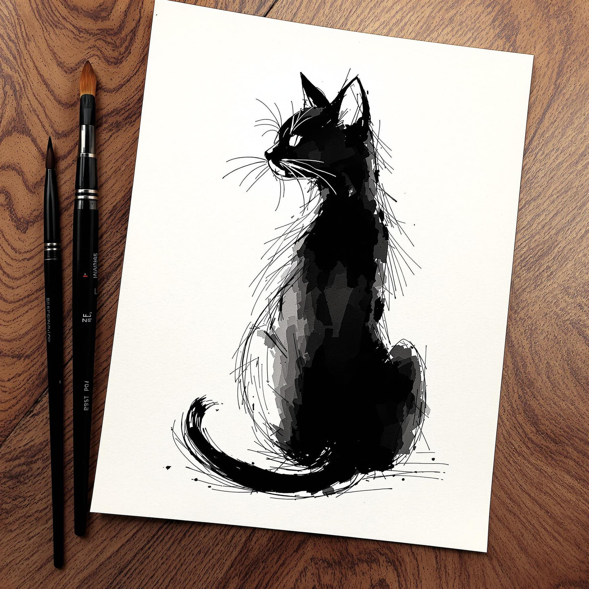 AI generated: ink drawing, sitting cat, sumi-e style on paper texture, monochromatic calligraphic brushwork, curve...