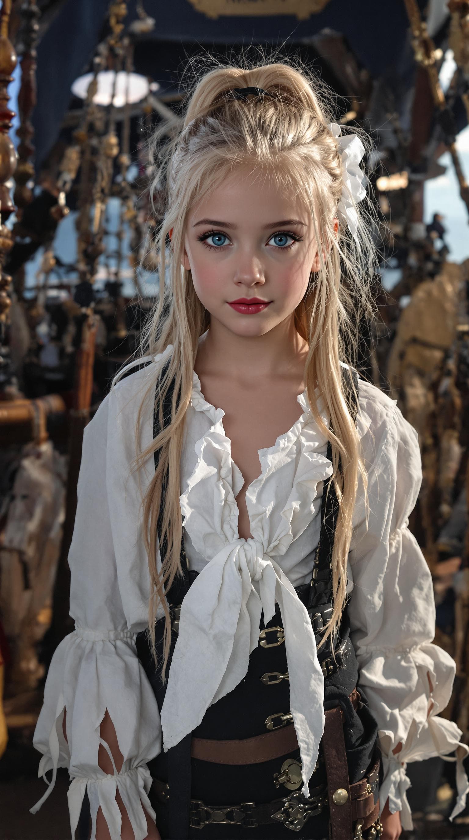 AI generated: a professional photo of a exceptionally beautiful girl aboard pirate ship at sea (age 7), (seven yea...