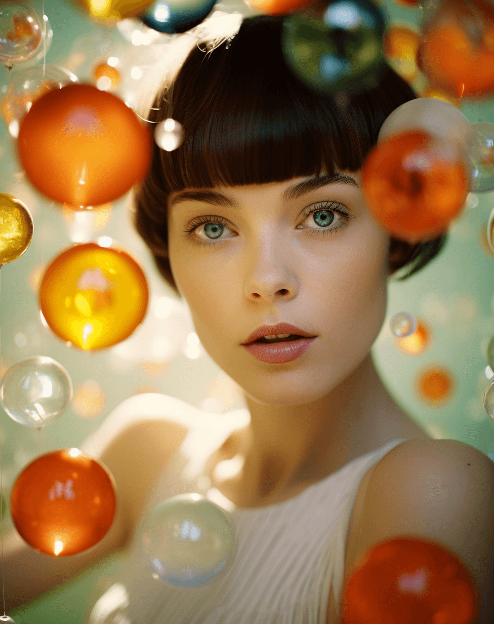 AI generated: Portrait of a woman with short hair and bangs, wearing a white dress, surrounded by colorful glass s...