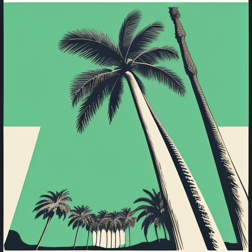 AI generated: A variation of a palm tree depicted in a classic screen-print (silkscreen) style, featuring bold, cl...