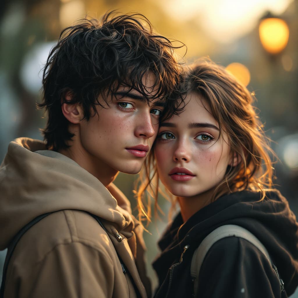 AI generated: a photorealistic portrait of two young people standing close together, one resting their head on the...