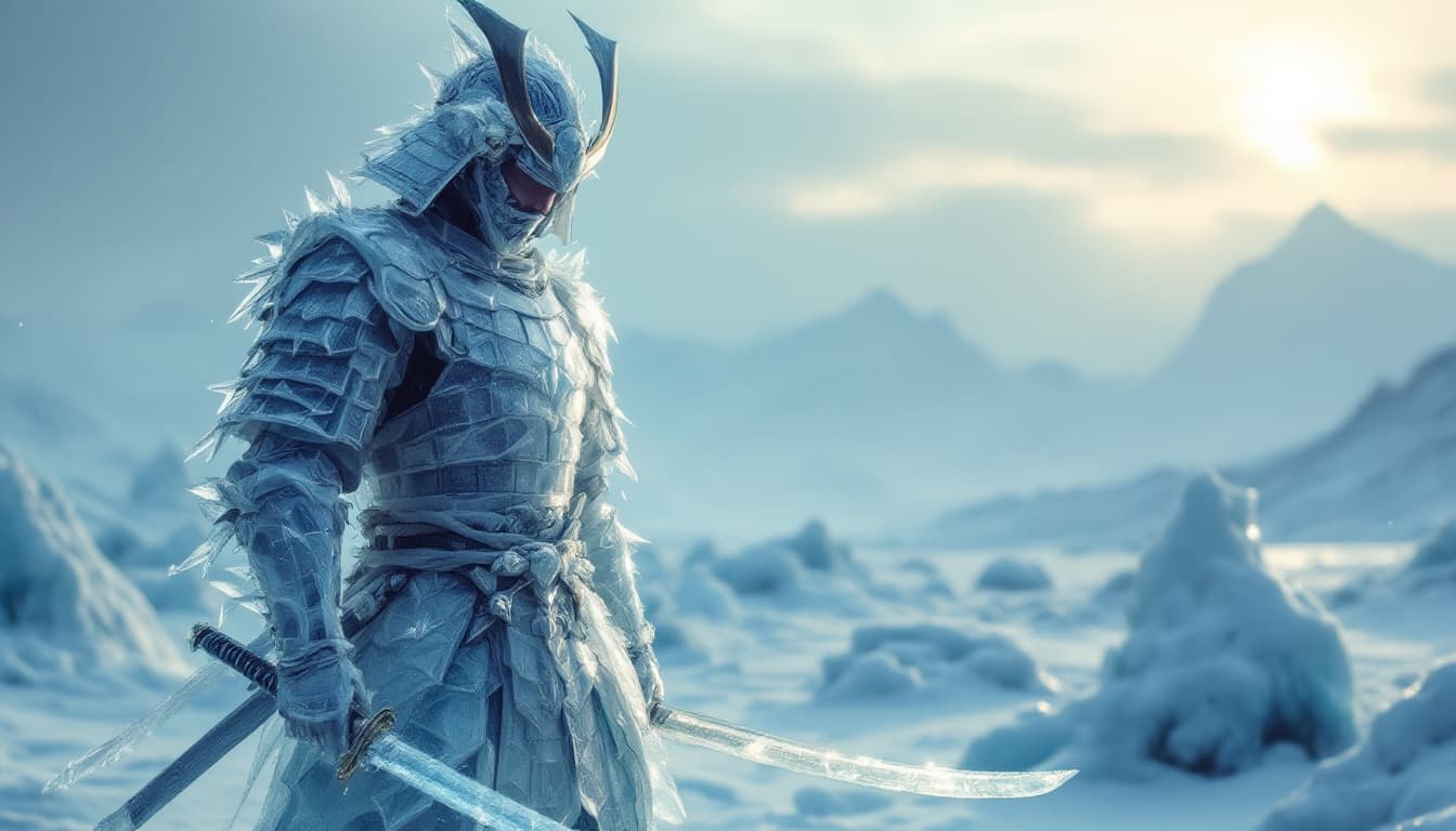 AI generated: A samurai clad in armor woven entirely from ice, standing in a frozen, desolate landscape. His armor...