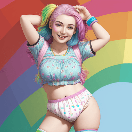 AI generated: high quality, diaper, tena pattern, woman, detailed face, rainbow hair, smiling, armband, in public