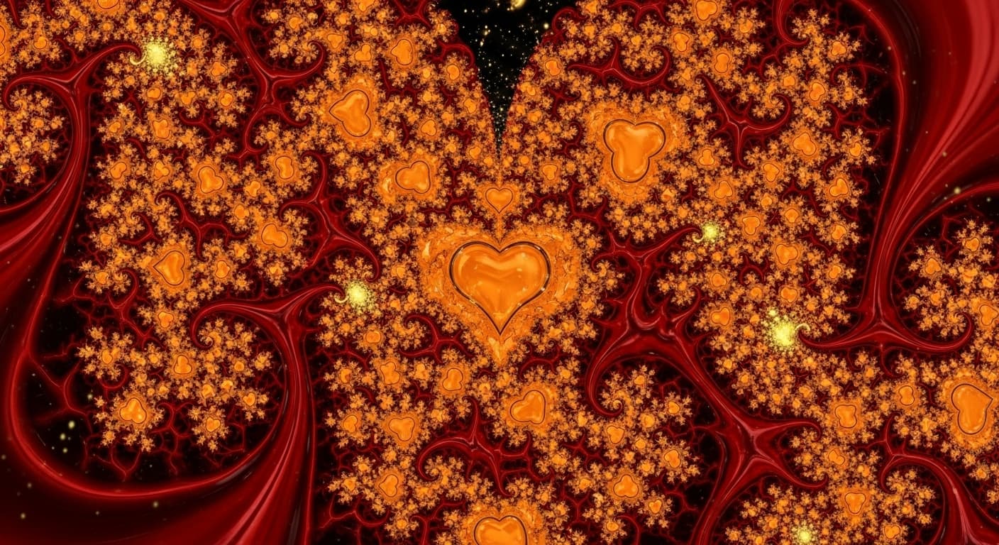 AI generated: A majestic fractal with orange hearts all over the place, ink splash, Mandelbrot heart with red bloo...