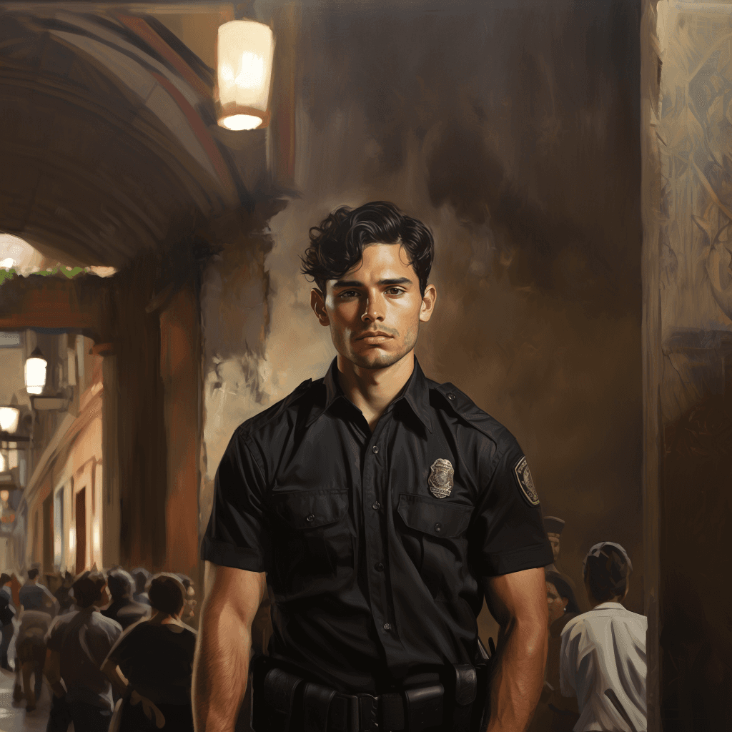 AI generated: portrait of a handsome young mexican policeman in guadalajara, art by denys tsiperko and manuel sanj...