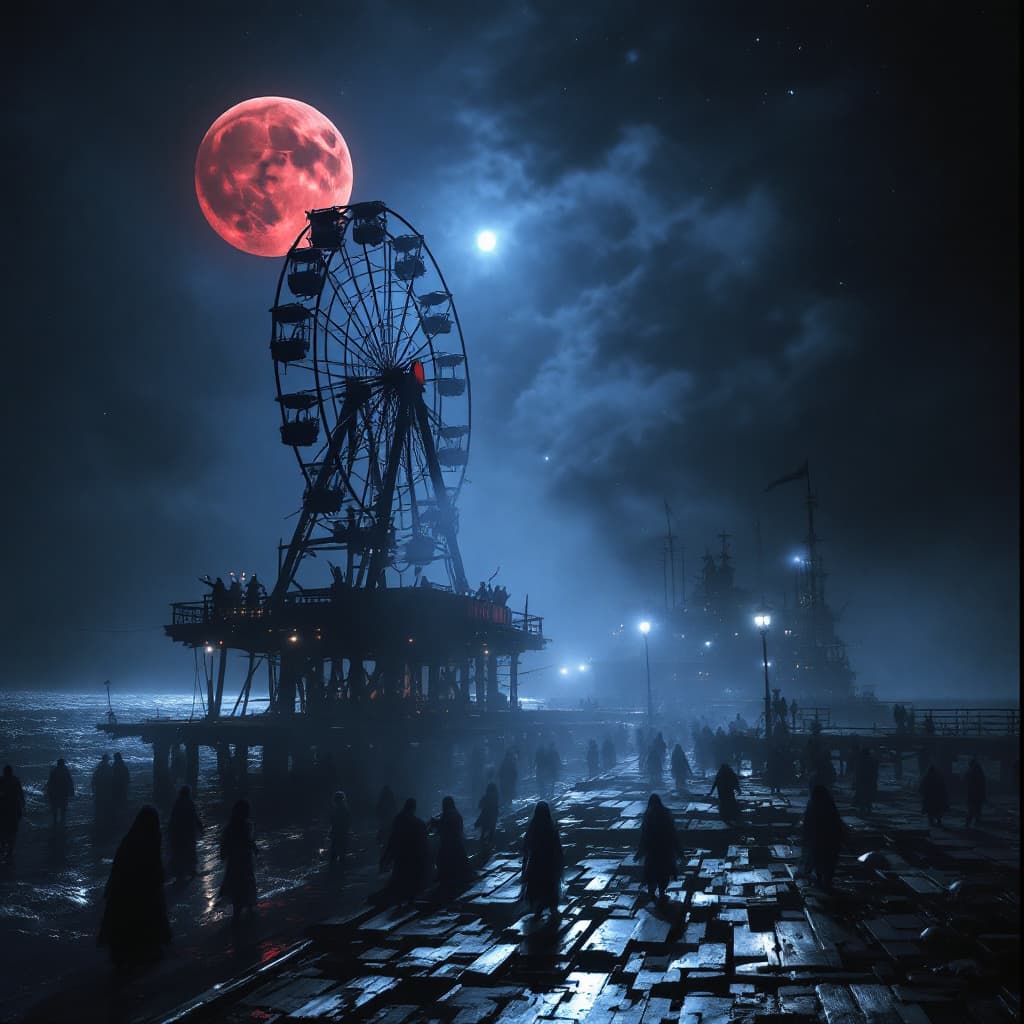 AI generated: Ghostly carnival on abandoned pier under a blood moon::1.4  
ethereal ferris wheel glowing faintly::...