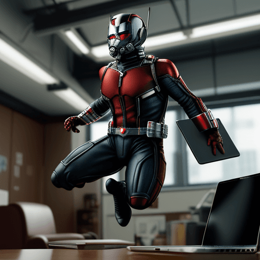 AI generated: Create a dynamic scene of Ant-Man in his advanced suit, using his shrinking ability. He is in mid-ac...