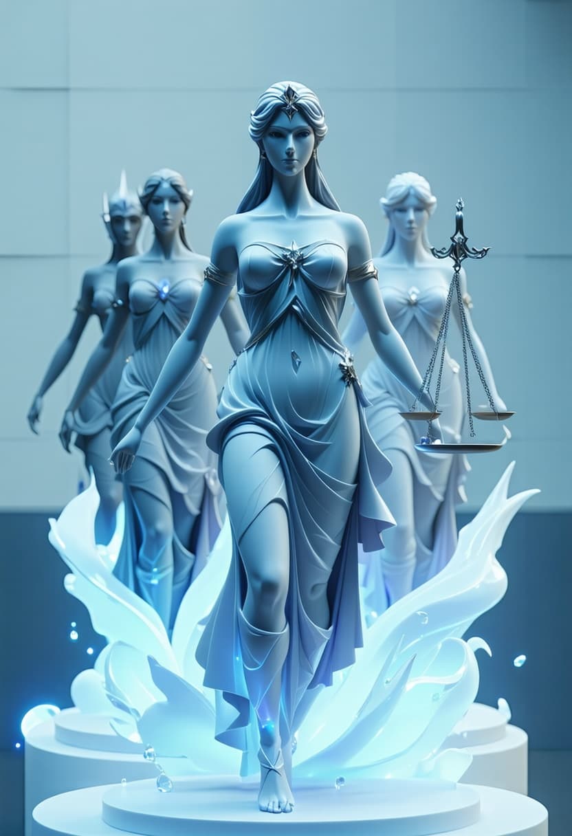 AI generated: Create a visual, show the six ladies together as one Justice for All emblem. Lady Justice for six di...