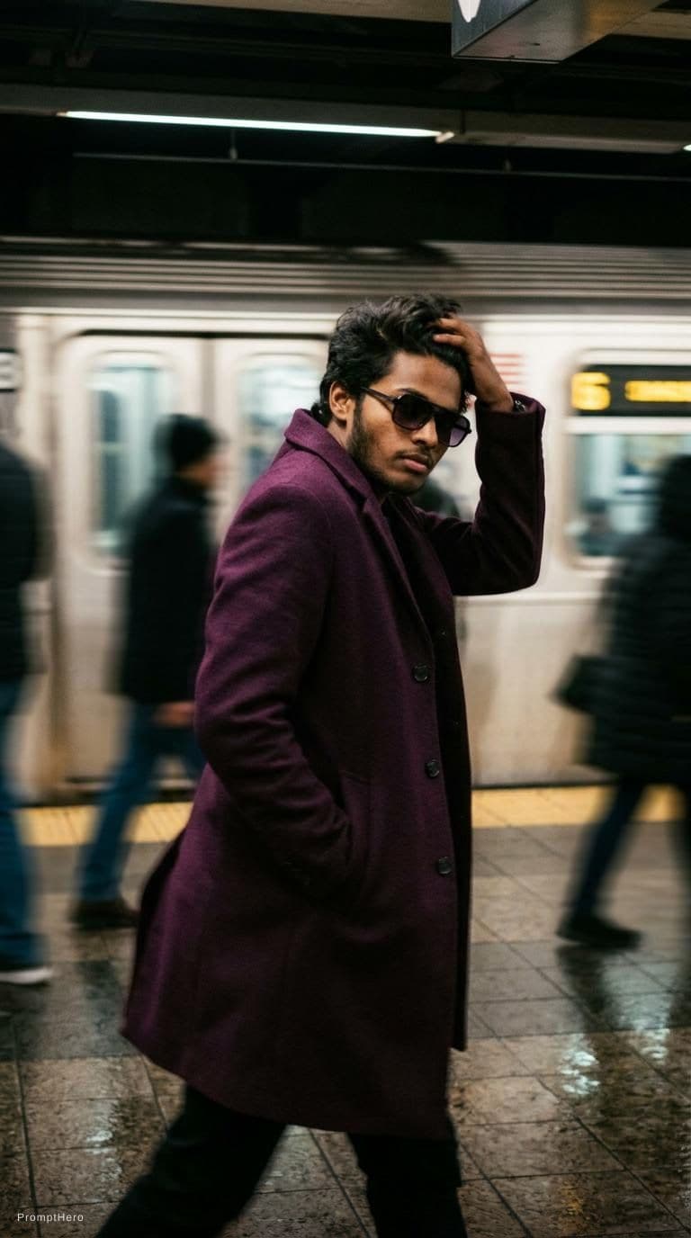 AI generated: fashion editorial photography, motion blur, male model, wearing an wool coat, deep purple color, wal...