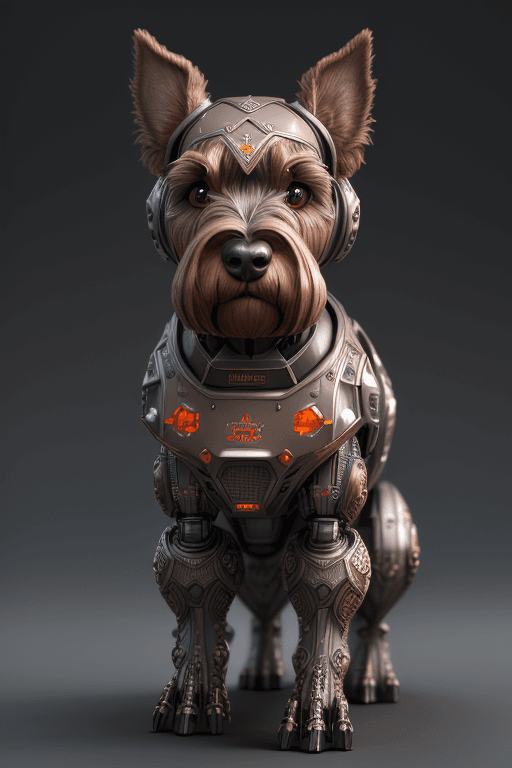 AI generated: brown miniature schnauzer nousr robot, character design, detailed face, highly detailed, intricate d...