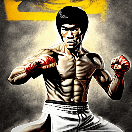AI generated: Bruce Lee in fists of fury, hands render --ar 9:16 --v 4