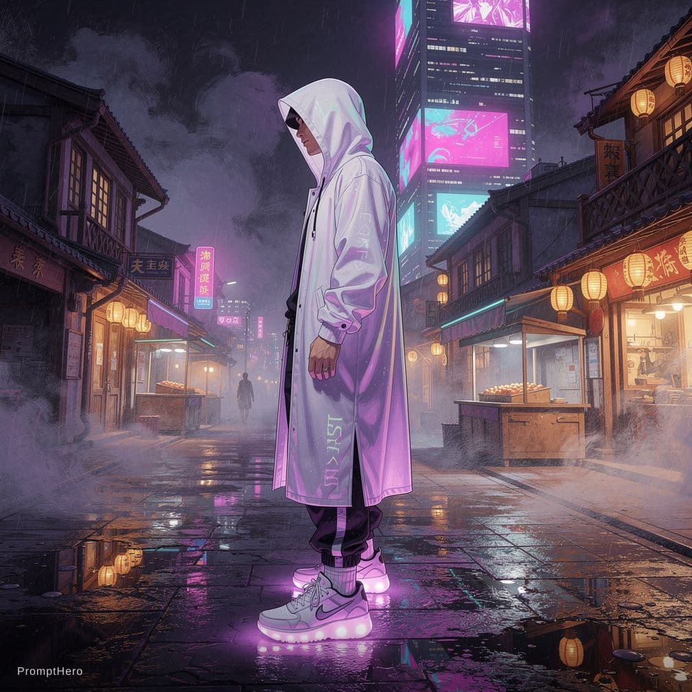 AI generated: Detailed 3D digital art, professional male model, neon purple gradient, streetwear style, well-lit l...