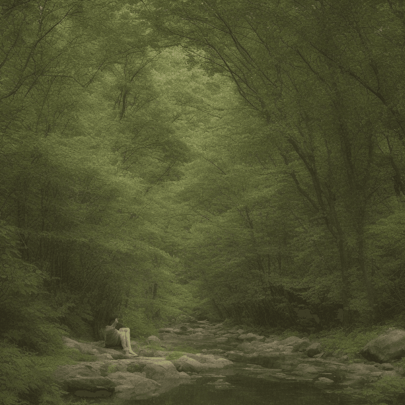 AI generated: A Japanese woman, sits in a serene glen.