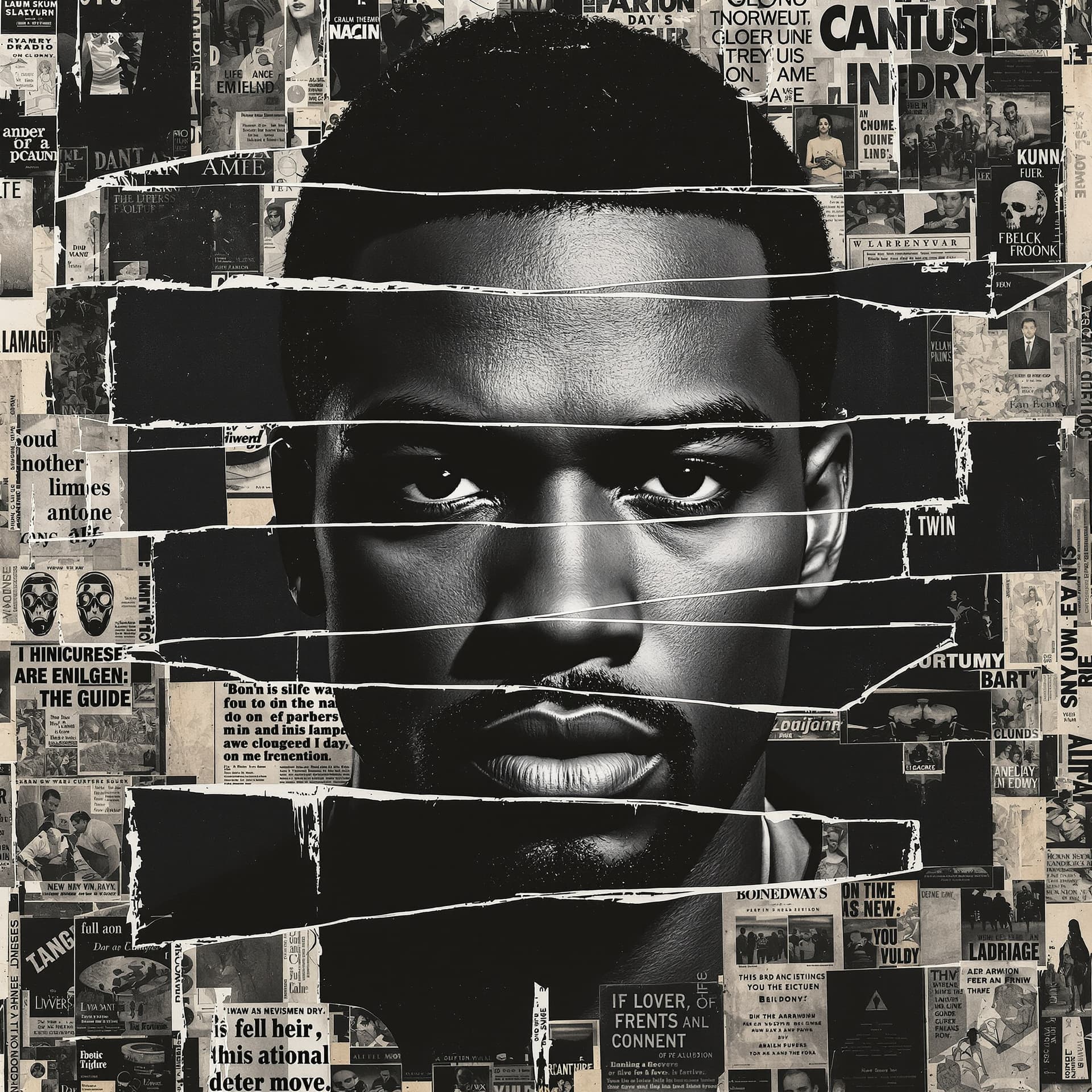AI generated: Distressed, torn poster art of a brooding dark-skinned male figure with a soulful gaze, dark hair, a...