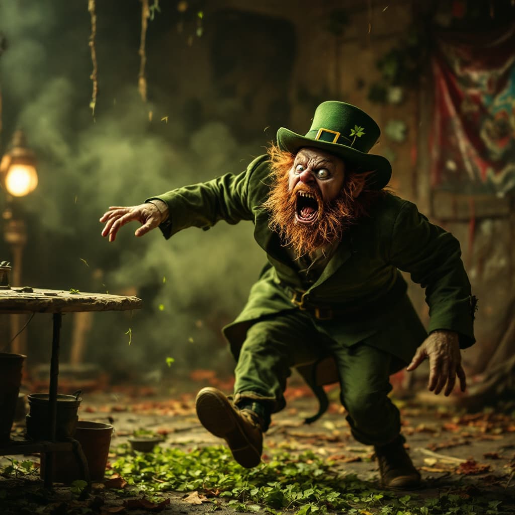 AI generated: Joe Rogan catches a leprechaun breaking onto his set during a podcast and chases after it in a panic...