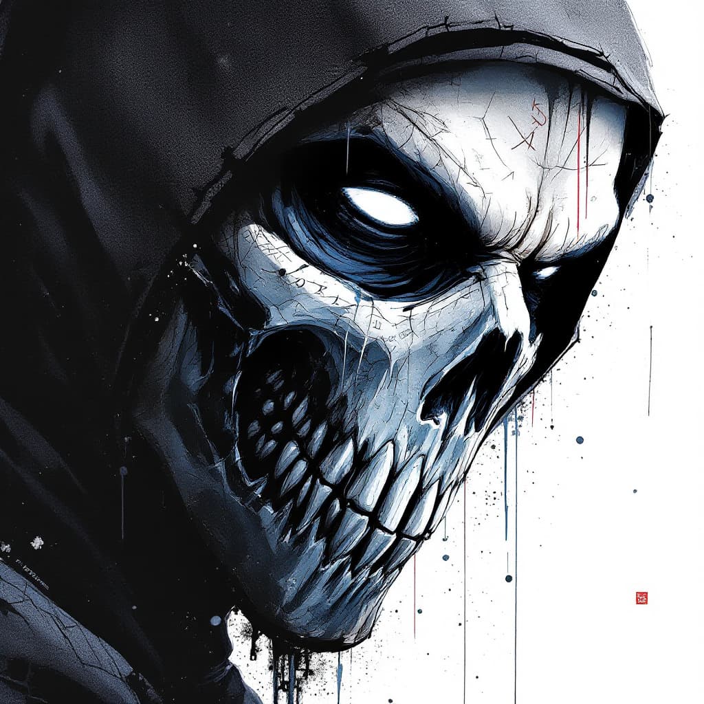AI generated: Sub Zero from Mortal Kombat, skull face, cold white dull lifeless eyes, very scary character, close-...