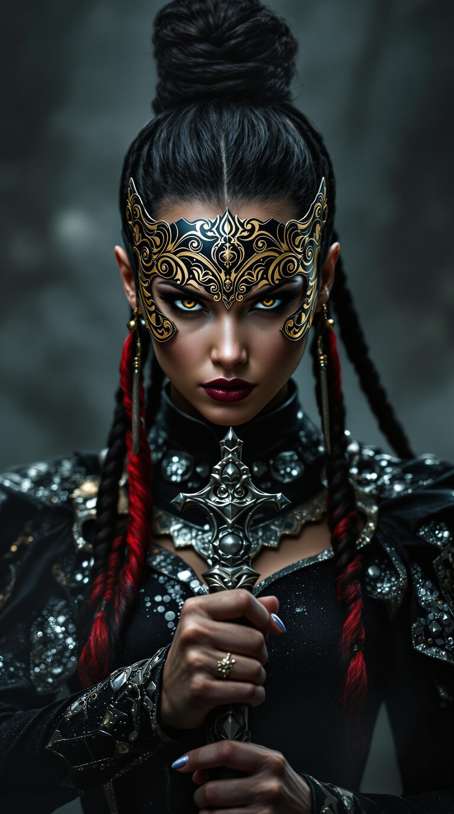 AI generated: Full-length portrait of a fierce female warrior with intense, striking eyes, wearing an elaborate bl...