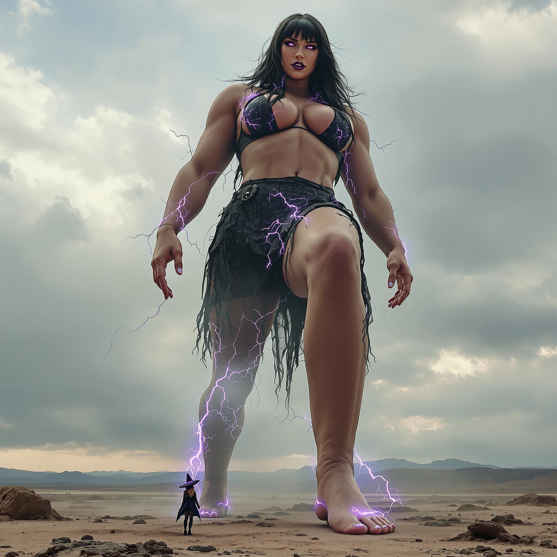 AI generated: enormous giantess female Rhea Ripley from WWE with black medium length hair and straight bangs, bigg...