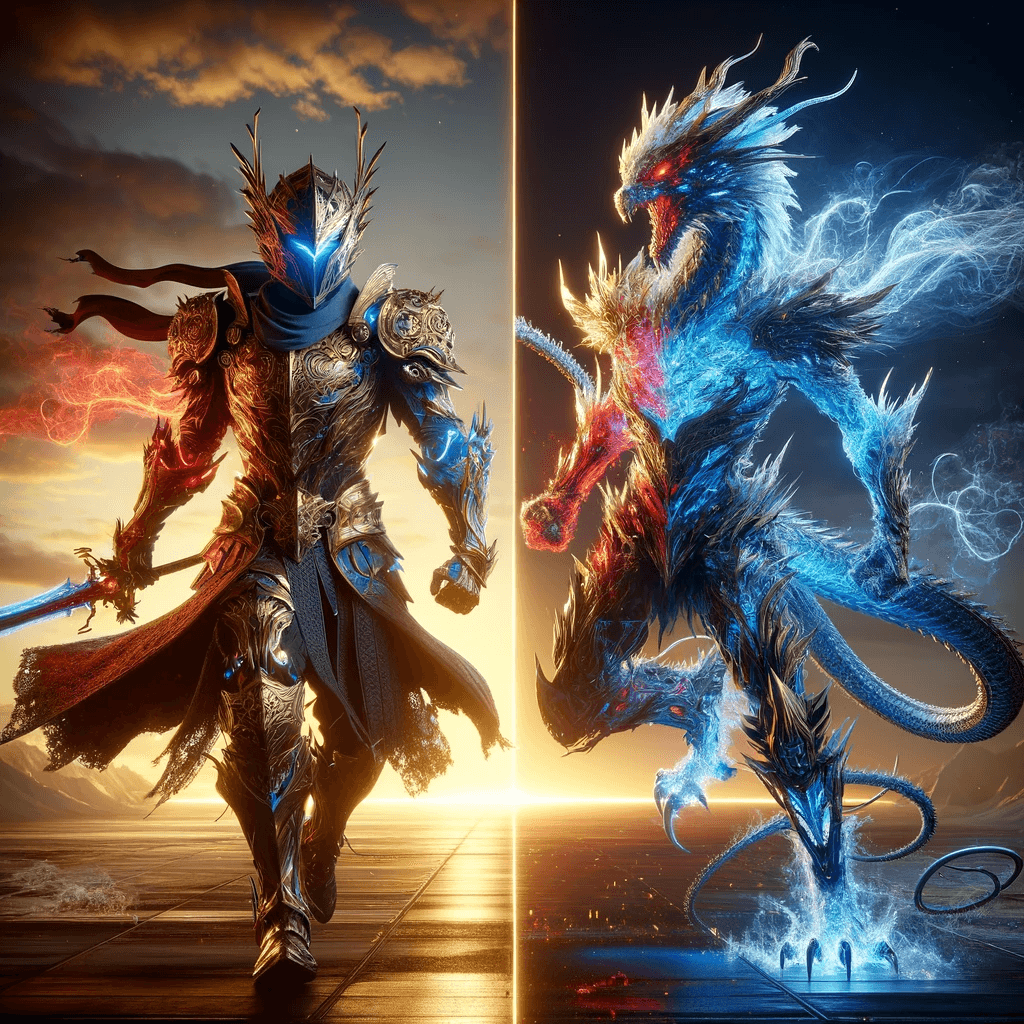 AI generated: Create two hyper-realistic characters. The first character is a fusion of a medieval and futuristic ...