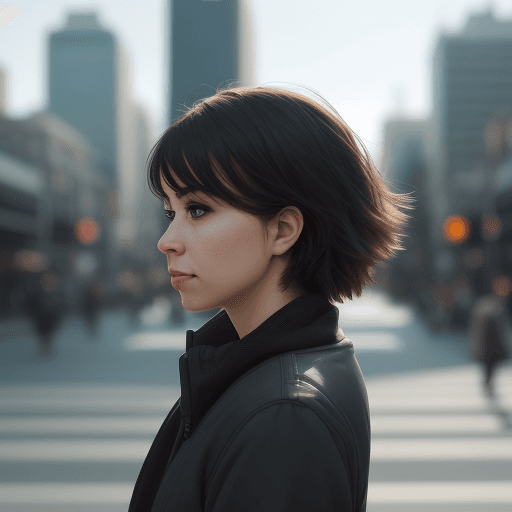 AI generated: Create an image of a person staring to the left with a blurred city background in daytime