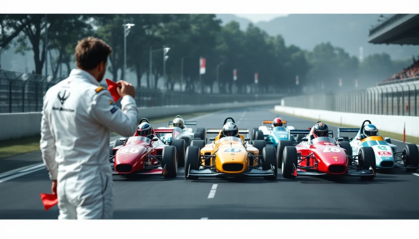 AI generated: 
At the starting line there are 5 racing cars - cars with different club logos. On the side of the c...