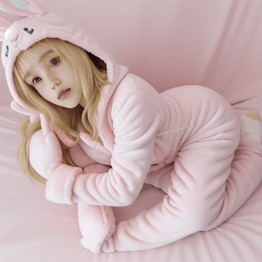 AI generated: blonde haired girl wearing pink kigurumi onesie pajamas, pink bunny slippers, and pink mittens, layi...