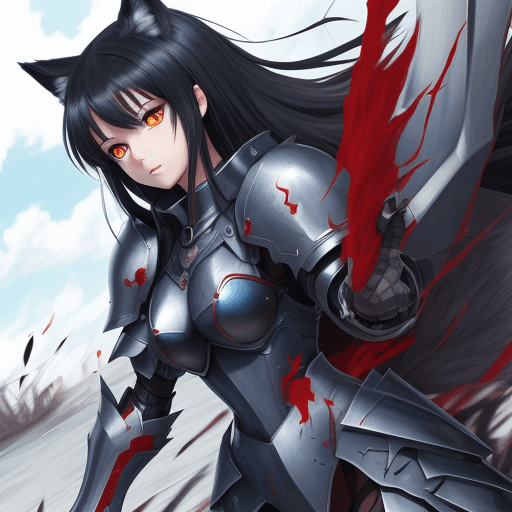 AI generated: perfect anime quality, masterpiece, wolf girl, blue and red eyes, black hair, armored, full body, ex...