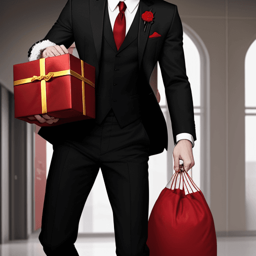 AI generated: Attractive anime male in a red and black suit with a Santa hat on carrying a gift