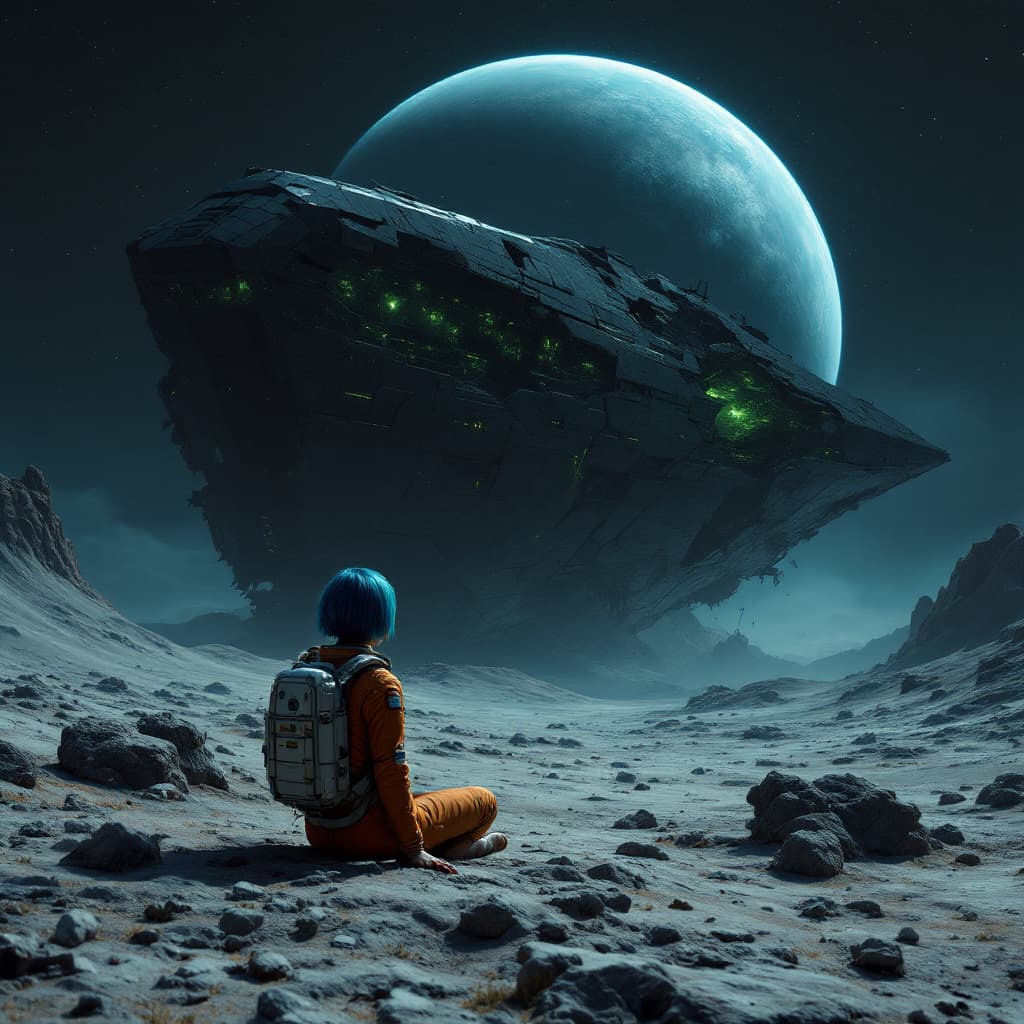 AI generated: A female astronaut, blue short hair, barefoot, orange leggins space suit, sitting look the sky in fr...