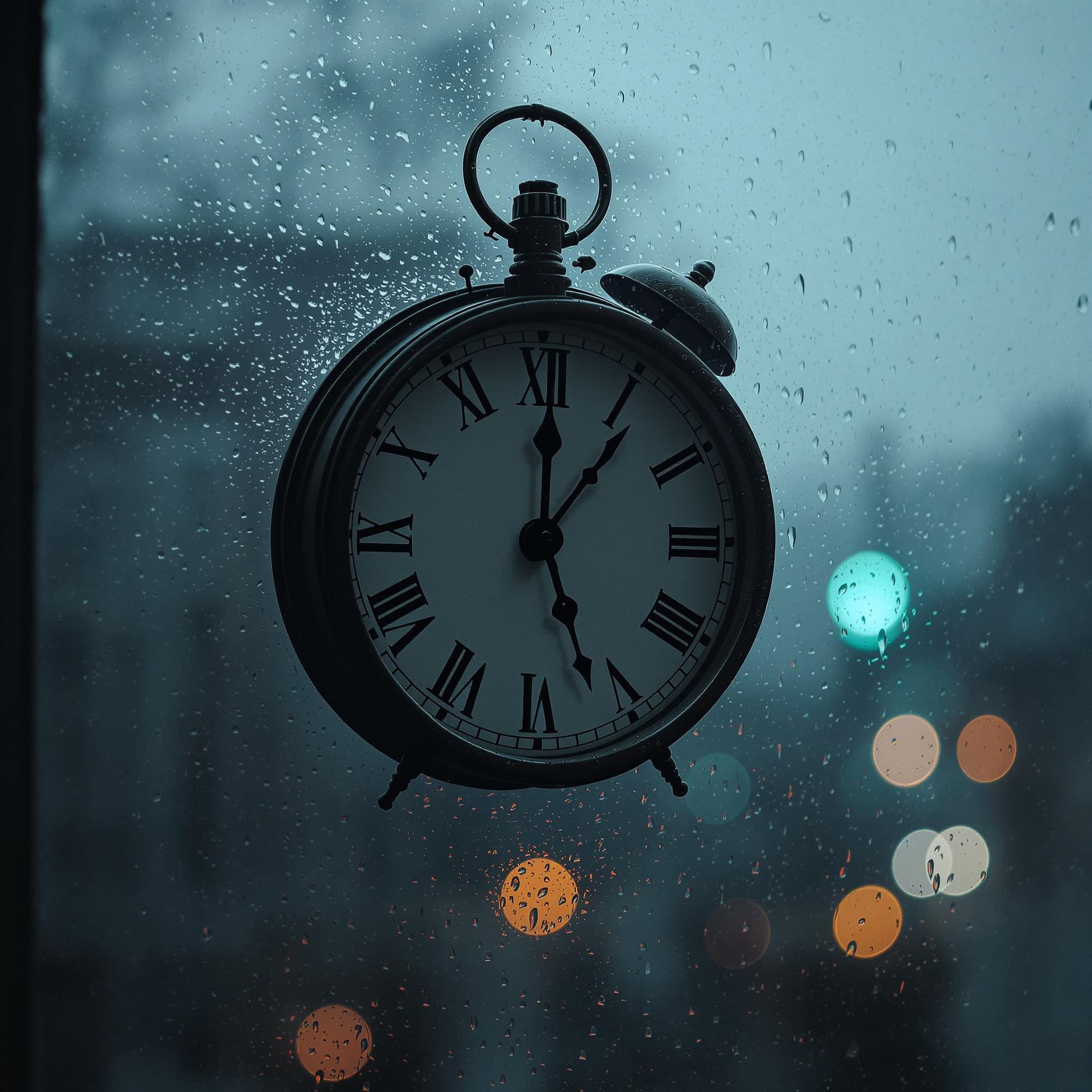AI generated: Antique clock with missing hands behind a fogged-up window with raindrops, outside blurred city ligh...