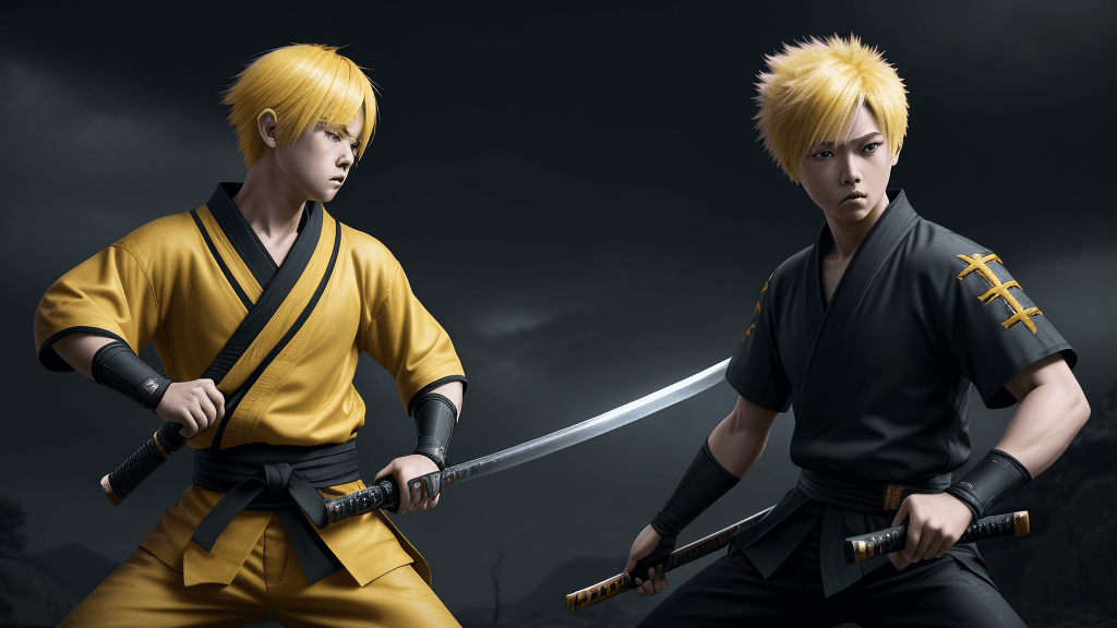 AI generated: a boy named Zenitsu using thunder breathing, yellow haired guy, katana in hand. looking into camera,...