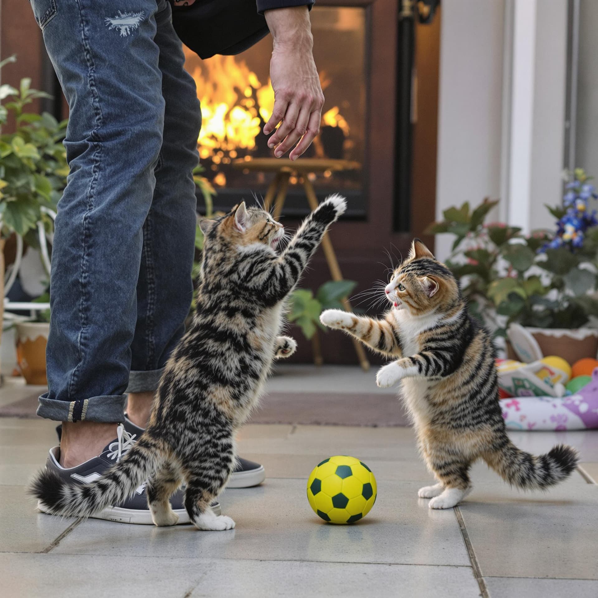 AI generated: Picture of a cat kicking a ball and playing with its owner