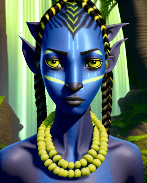 AI generated: na'vi woman, light blue skin, dark blue stripes on face, forehead, and neck, large ears braided hair...