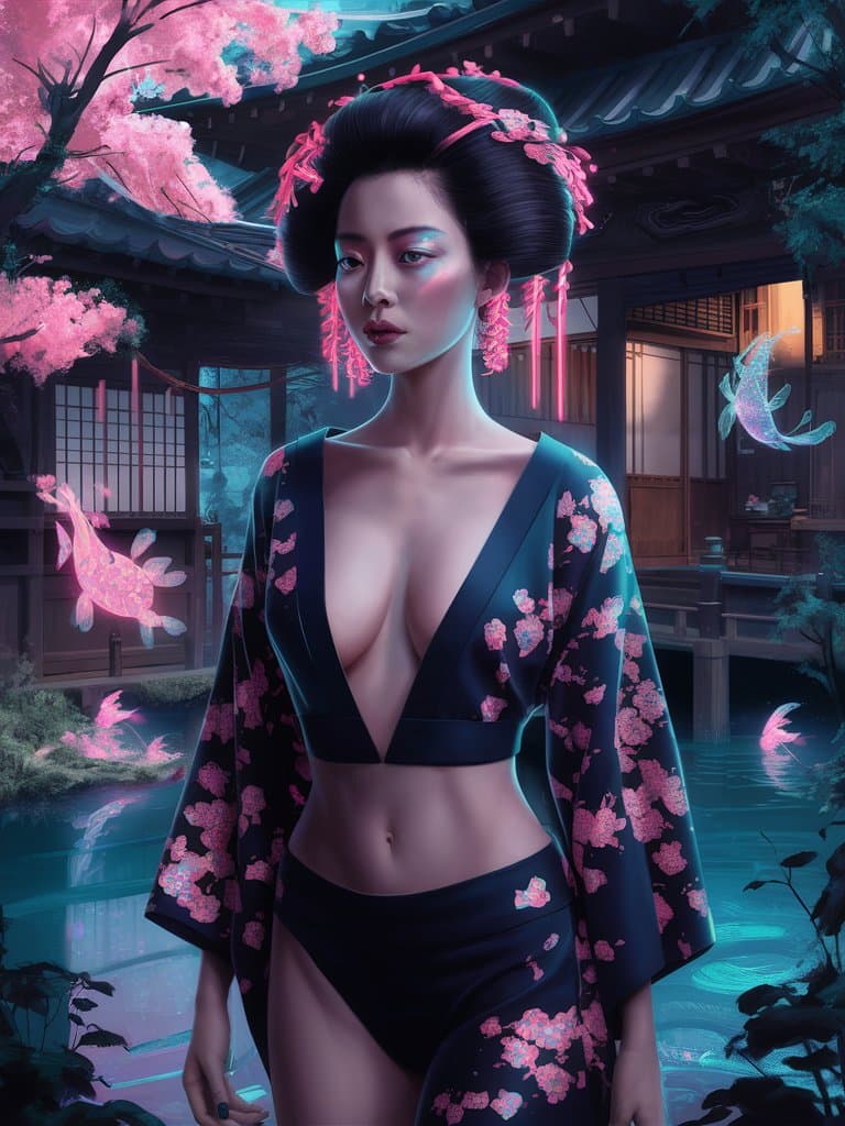 AI generated: A mesmerizing portrait of a woman in a deep V-neck top, combining elements of Japanese ukiyo-e art a...