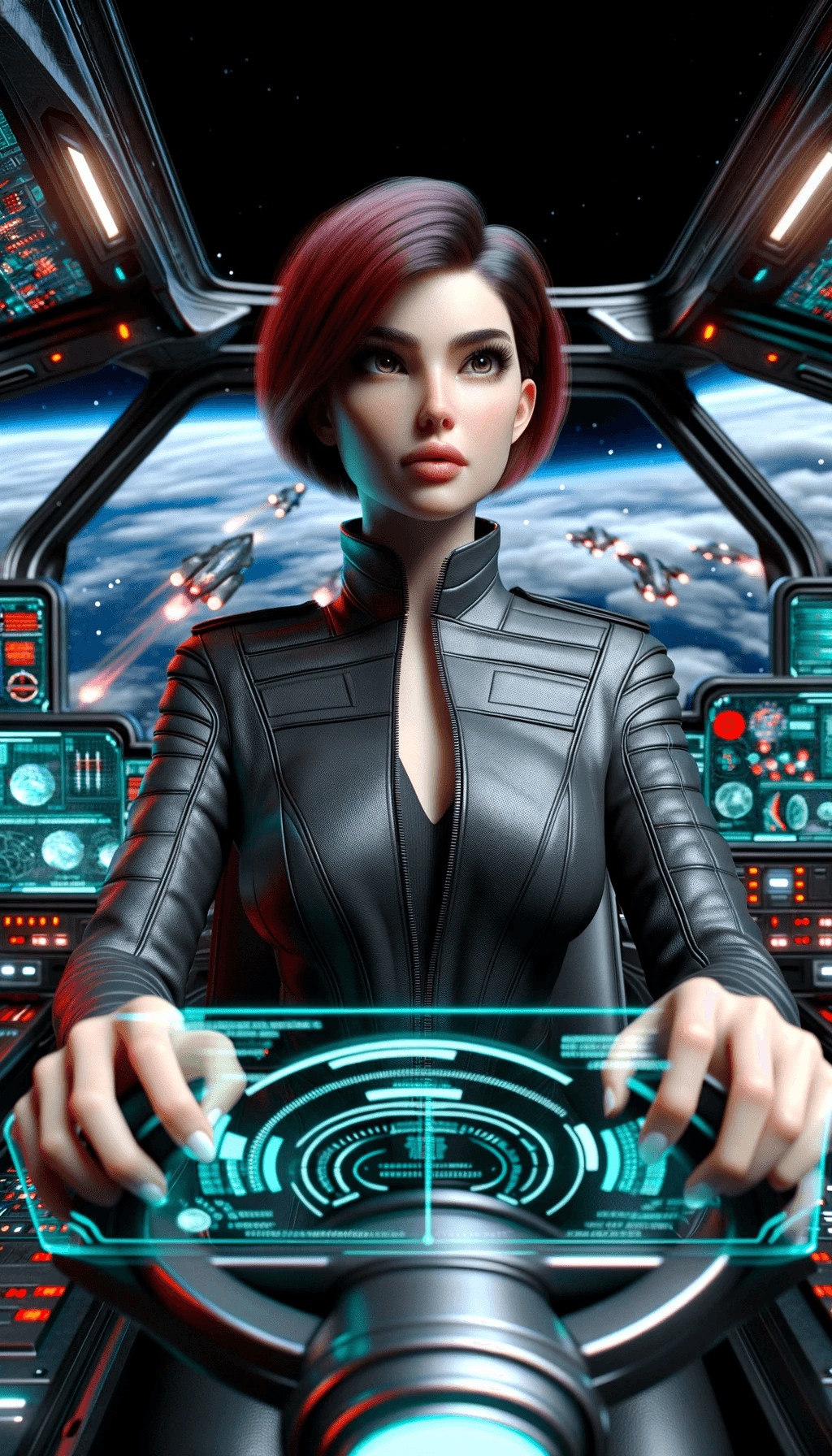 AI generated: 2D Animation of an olive-skinned woman with short red hair, dressed in a sleek leather jumpsuit. She...