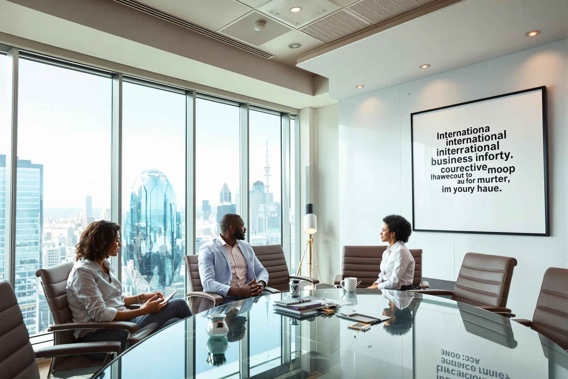 AI generated: /imagine prompt: Modern boardroom with floor-to-ceiling windows overlooking city skyline, diverse ex...