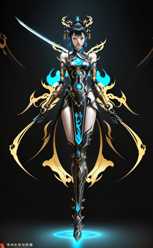 AI generated: a beautiful oriental  female with swords, in the style of robotic expressionism, dark gold and dark ...