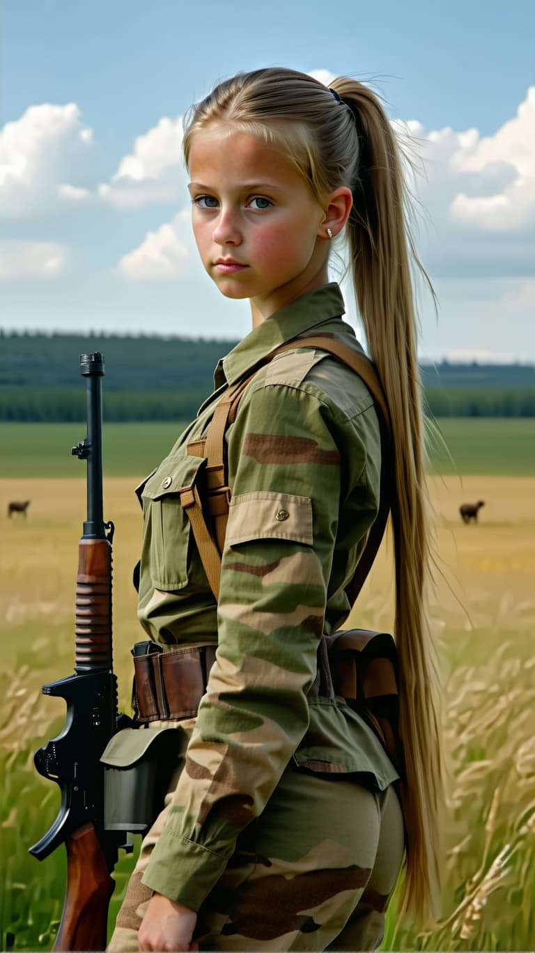 AI generated: A photo realistic of a exceptionally beautiful Ukrainian tween girl, long hair, in a pony tail, dres...