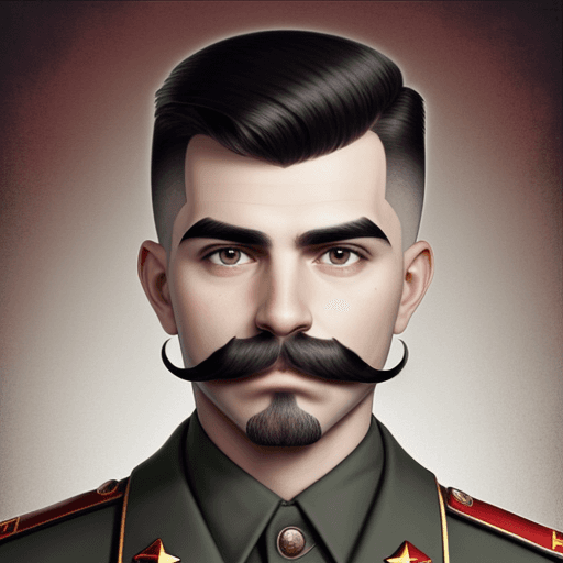 AI generated: Joseph Staline with a trendy hair cut and trendy mustache. add a communist symbol.