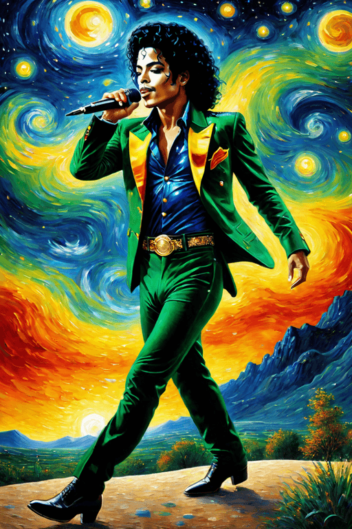 AI generated: Michael Jackson dance and sings into a microphone , high quality, highly detailed, green-red-violet-...