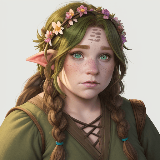 AI generated: Firbolg, female, ranger, hyper realism, high Detail, freckles, dungeons and dragons, chubby, green e...