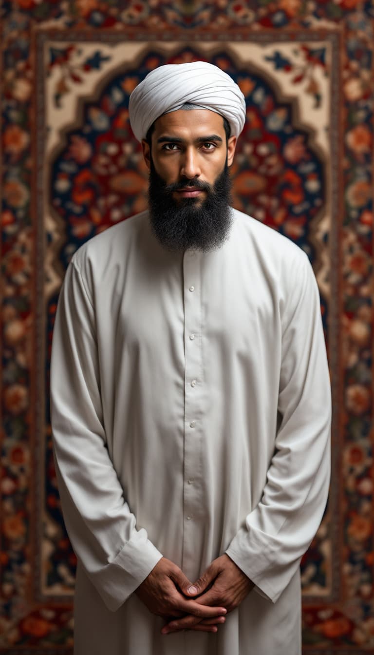AI generated: "A richly textured portrait of a Muslim man, standing on a vibrant Persian carpet. The carpet’s intr...