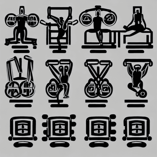 AI generated: fitness equipment icons, 2d icons, dumbbell icons, barbell icons, cable pulley machine icons, fitnes...